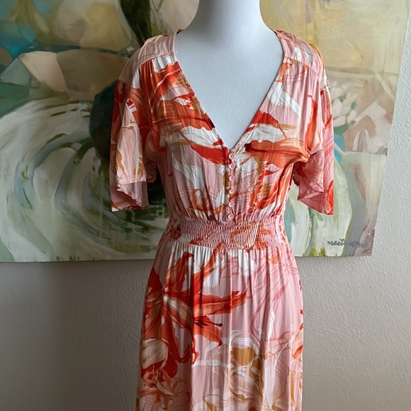 Anthropologie Abel The Label Flower Bomb Dress Flutter Sleeve orange/pink - Picture 4 of 16